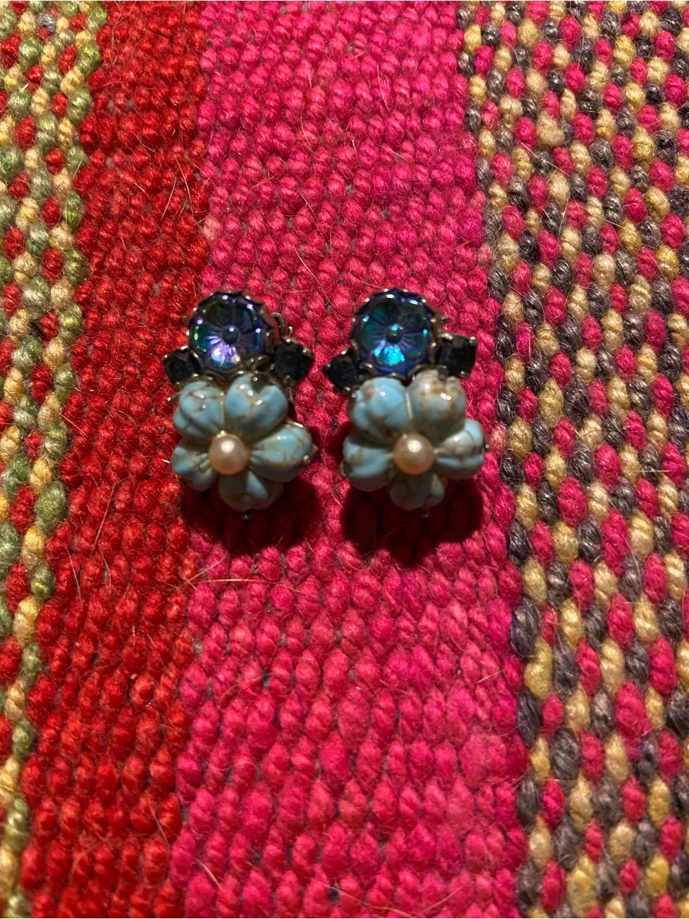 Vintage Blue Flower Earrings with Iridescent and Black Accents